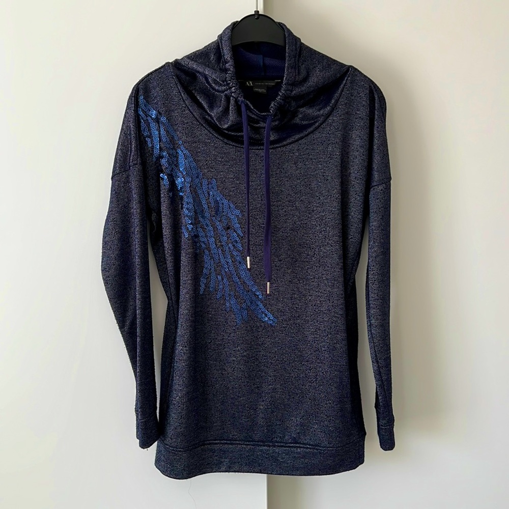 A/X Armani Exchange dark blue sweater with sequins on front.